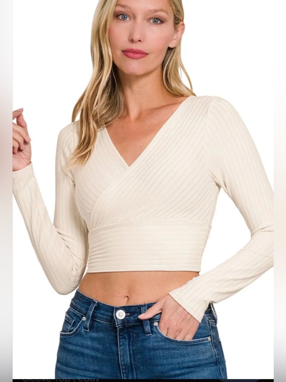 Ribbed Wrap-Style Long Sleeve Crop Top — Cream S/M/L